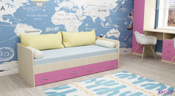 Кровать с выкатными ящиками Дуб Молочный/Розовый в Абрамово - abramovo.mebel54.com | фото