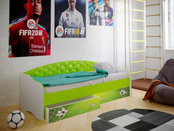 Кровать Софа-8 с мягкой спинкой фотопечать Футбол (900х2000) Белый/Лайм в Абрамово - abramovo.mebel54.com | фото