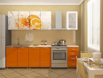 Кухонный гарнитур 1,6м Апельсин (Белый/Оранжевый металлик/Фотопечать апельсин) в Абрамово - abramovo.mebel54.com | фото