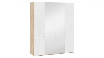 Шкаф комбинированный с 2 глухими и 2 зеркальными дверями «Эмбер» Яблоня Беллуно/Белый глянец в Абрамово - abramovo.mebel54.com | фото